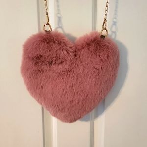 Soft Furry pink Heart Crossbody Purse, Gold Chain Strap